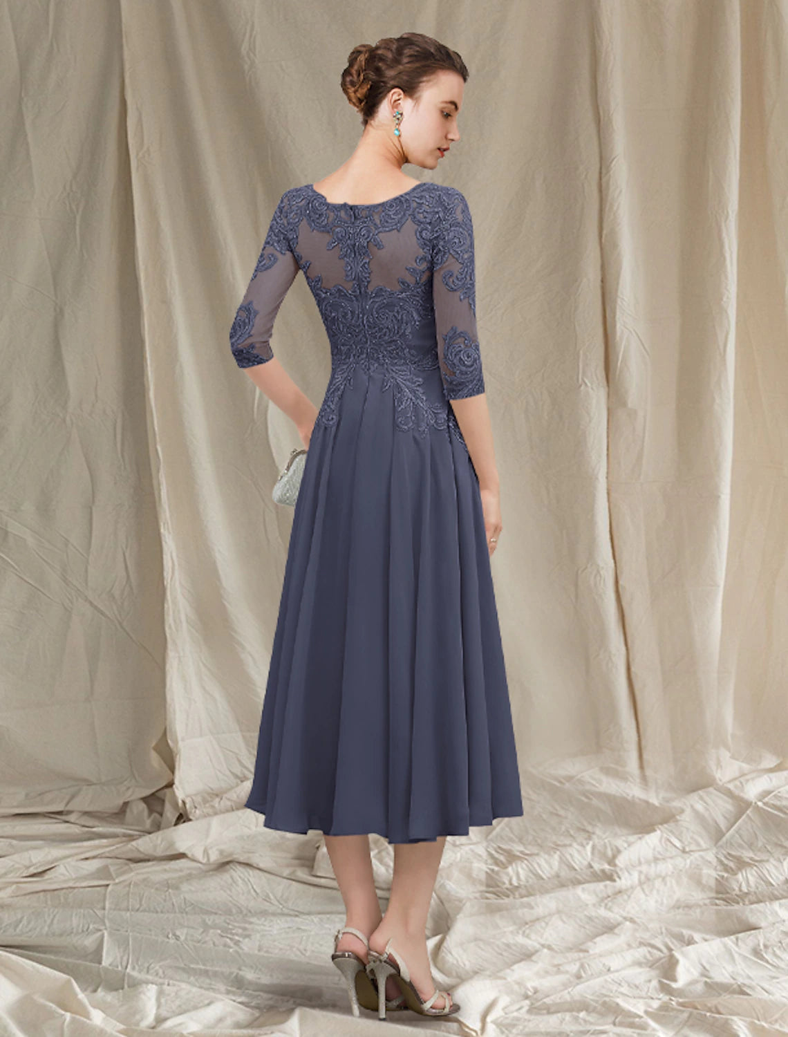 Luolandi A-Line Mother of the Bride Dress Elegant Jewel Neck Tea Length Chiffon Lace Half Sleeve with Pleats