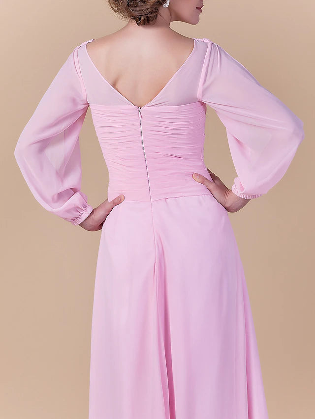 Luolandi Sheath / Column Mother of the Bride Dress Vintage Inspired Cowl Neck Floor Length Chiffon Long Sleeve with Criss Cross