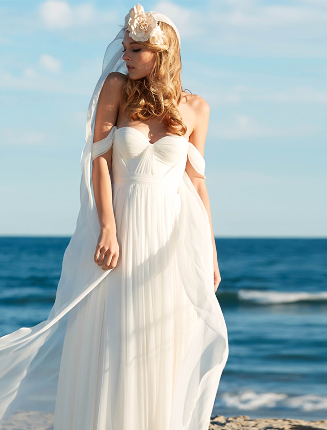 Luolandi Beach Sexy Boho Wedding Dresses A-Line Off Shoulder Cap Sleeve Floor Length Chiffon Bridal Gowns With Pleats