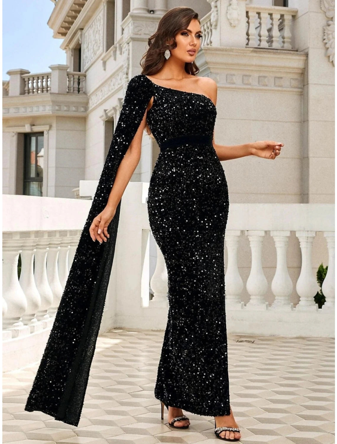 Luolandi Mermaid / Trumpet Evening Gown Black Elegant Dress Formal Ankle Length Sleeveless One Shoulder Sequined
