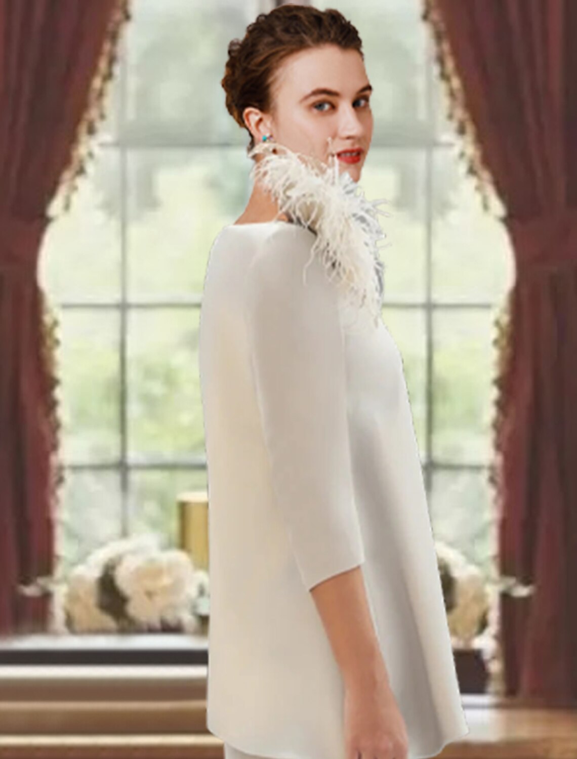 Luolandi Sheath / Column Mother of the Bride Dress Formal Wedding Guest Elegant Scoop Neck Sweep / Brush Train Fabric 3/4 Length Sleeve