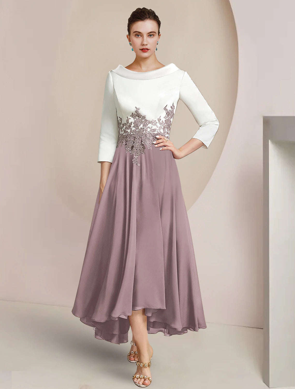 Luolandi A-Line Mother of the Bride Dress Formal Wedding Guest Elegant High Low Scoop Neck Asymmetrical Tea Length Chiffon Satin Lace 3/4 Length Sleeve with Pleats Appliques