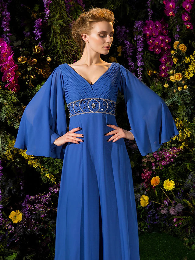Luolandi A-Line Mother of the Bride Dress Vintage Inspired V Neck Floor Length Chiffon Long Sleeve with Crystals Beading