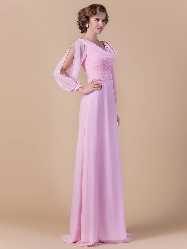 Luolandi Sheath / Column Mother of the Bride Dress Vintage Inspired Cowl Neck Floor Length Chiffon Long Sleeve with Criss Cross
