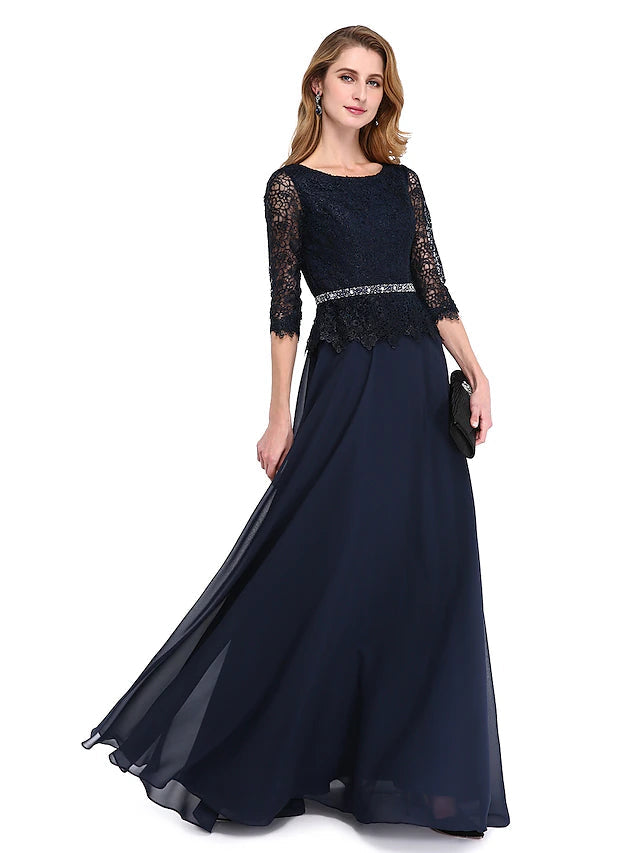 Luolandi A-Line Mother of the Bride Dress Elegant Jewel Neck Floor Length Chiffon Lace Bodice 3/4 Length Sleeve with Beading
