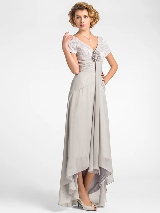Luolandi A-Line Mother of the Bride Dress Floral High Low V Neck Asymmetrical Chiffon Lace Short Sleeve with Flower
