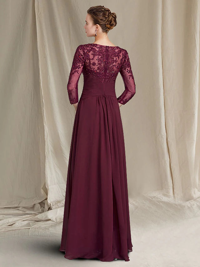 Luolandi Sheath / Column Mother of the Bride Dress Plus Size Elegant Jewel Neck Floor Length Chiffon Lace 3/4 Length Sleeve