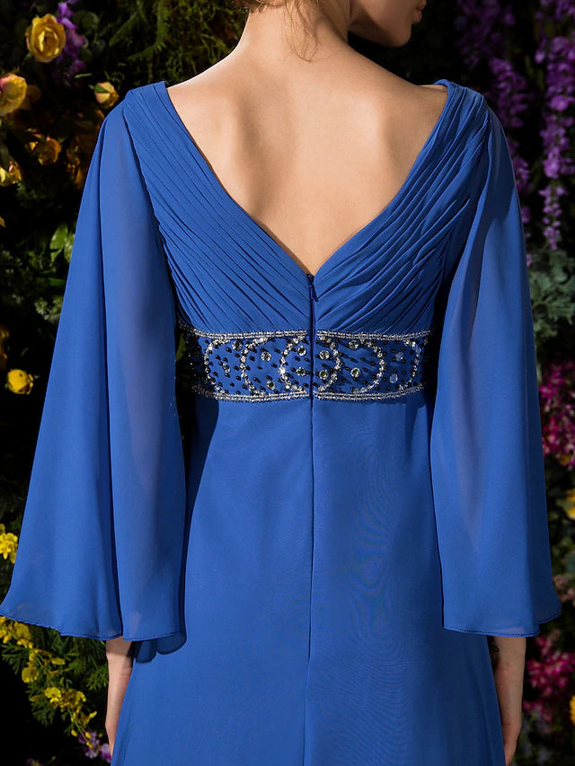 Luolandi A-Line Mother of the Bride Dress Vintage Inspired V Neck Floor Length Chiffon Long Sleeve with Crystals Beading