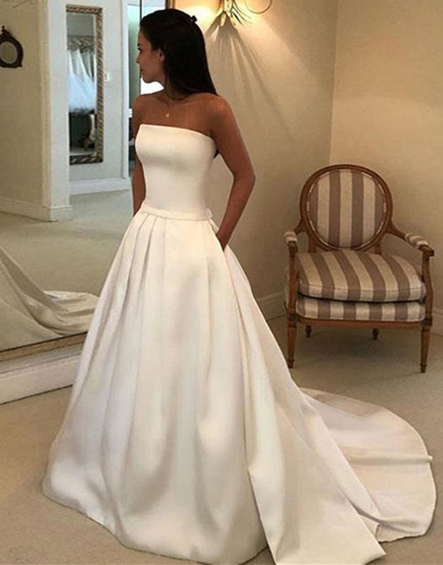 Luolandi Ivory Strapless A Line Chapel Train Long Bridal Dress Off Shoulder Wedding Dresses