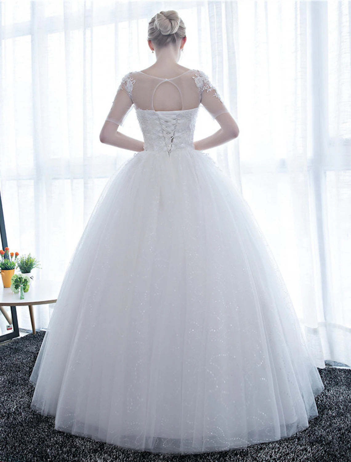 Luolandi Reception Formal Wedding Dresses Ball Gown Illusion Neck Half Sleeve Floor Length Satin Bridal Gowns