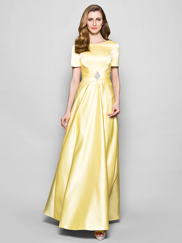 Luolandi A-Line Mother of the Bride Dress Vintage Plus Size Elegant Jewel Neck Floor Length Satin Short Sleeve with Sash / Ribbon