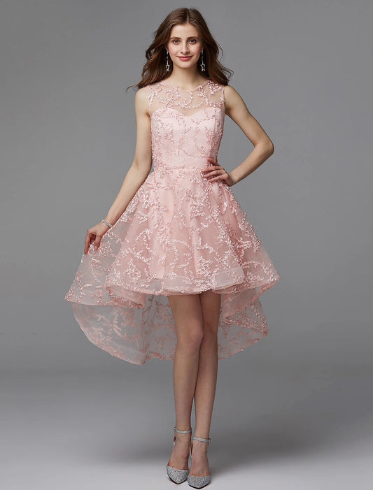 A-Line Hot Dress Wedding Guest Cocktail Party Asymmetrical Sleeveless Illusion Neck Tulle