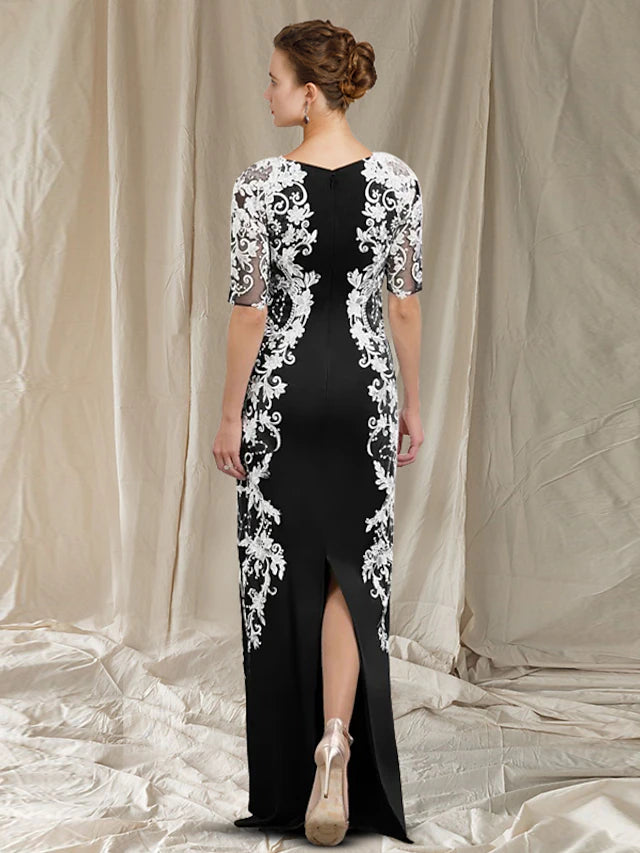 Luolandi Sheath / Column Mother of the Bride Dress Elegant V Neck Floor Length Half Sleeve Wedding Guest Dresses