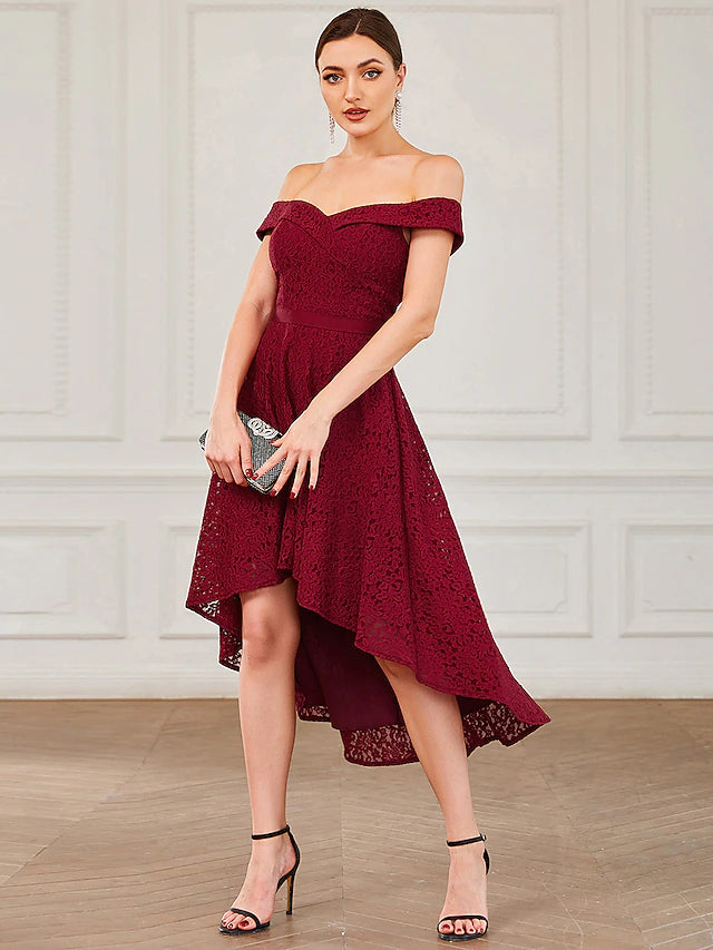 Luolandi A-Line Homecoming Dresses Vintage Dress Asymmetrical Sleeveless Off Shoulder Lace with Pleats Bridesmaid Dress