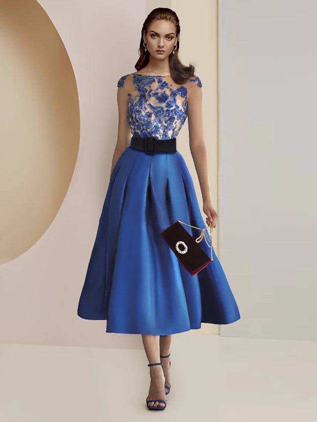 Luolandi A-Line Mother of the Bride Dress Formal Wedding Guest Party Elegant Scoop Neck Tea Length Satin Lace Cap Sleeve with Appliques