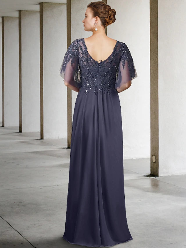 Luolandi A-Line Plus Size Curve Mother of the Bride Dress Elegant V Neck Floor Length Chiffon Lace Short Sleeve with Beading