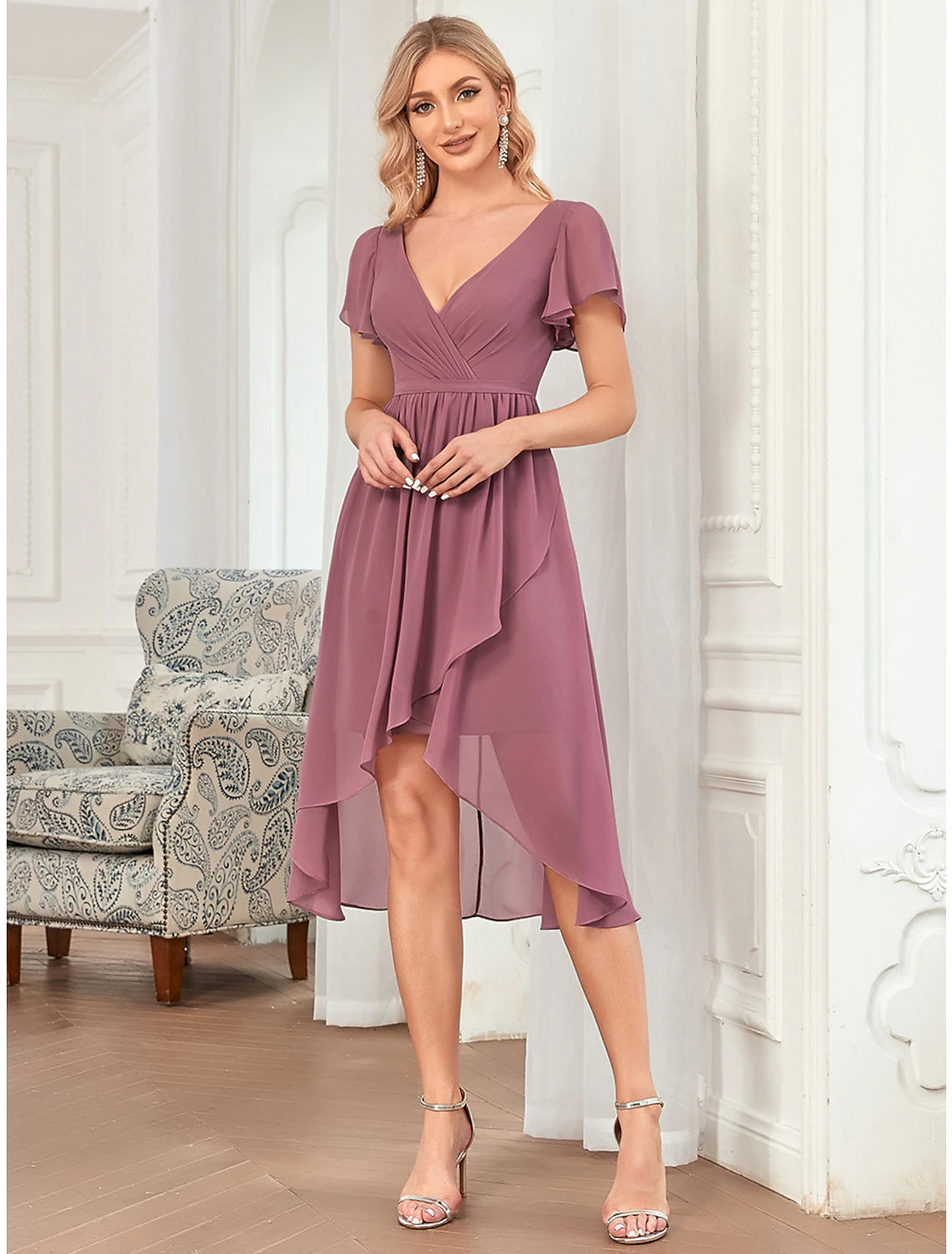 Luolandi A-Line Bridesmaid Dress Plunging Neck Sleeveless Elegant Asymmetrical / Short / Mini Chiffon with Pleats / Cascading Ruffles