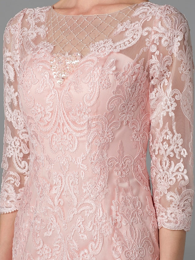 Luolandi Two Piece Sheath / Column Mother of the Bride Dress Church Sparkle & Shine Jewel Neck Knee Length Chiffon Lace 3/4 Length Sleeve Jacket Dresses with Beading