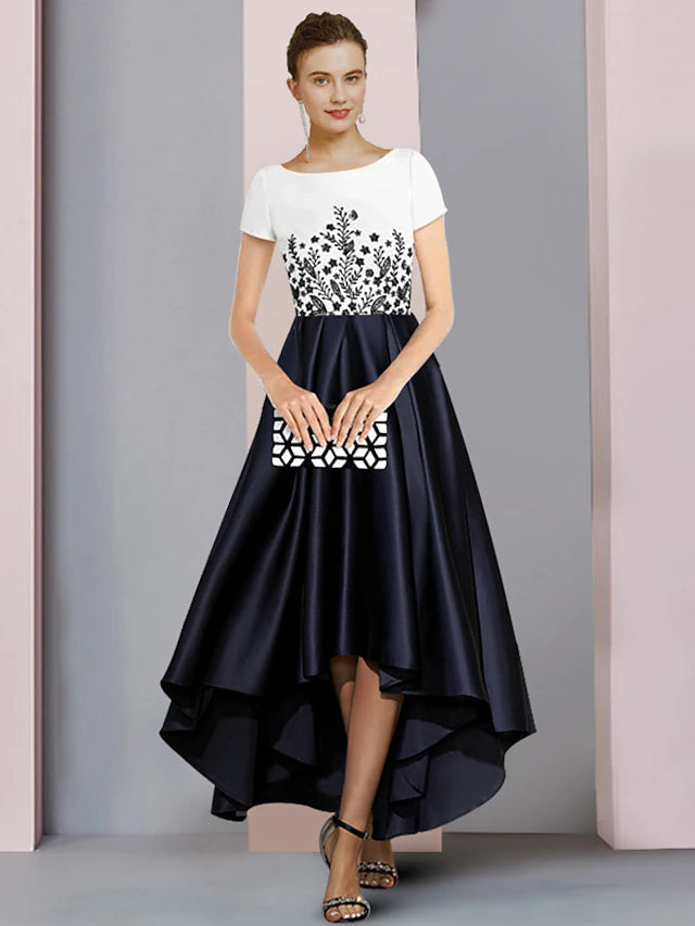 Luolandi Sheath / Column Mother of the Bride Dress Formal Party Elegant Scoop Neck Asymmetrical Satin Short Sleeve with Pleats