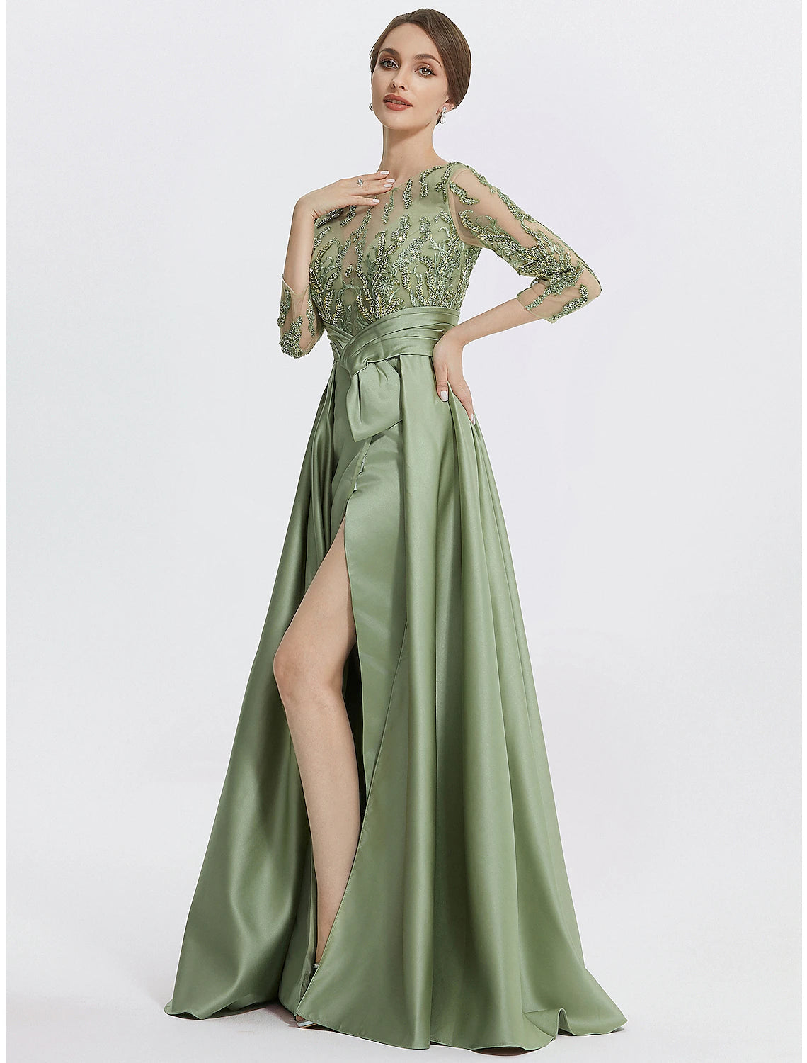 Luolandi A-Line Evening Gown Elegant Dress Formal Floor Length 3/4 Length Sleeve Jewel Neck Satin with Slit Embroidery