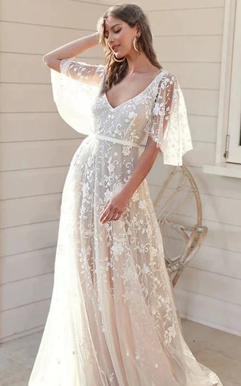 Luolandi A-Line Short Bell Sleeve Wedding Dress With Garden Floral Lace Deep-V Back Beautiful