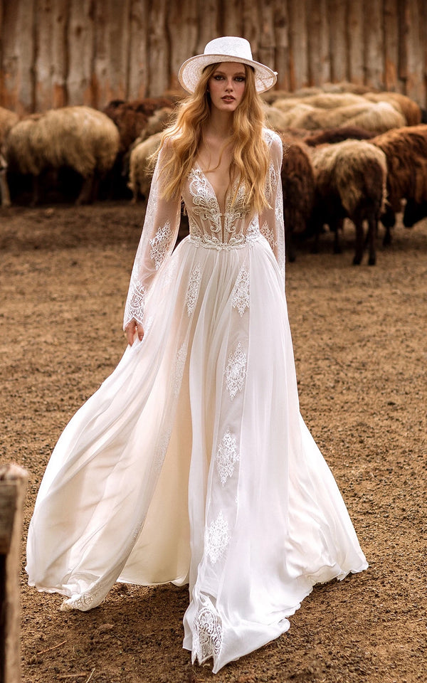 Luolandi A-Line Boho Lace Wedding Dress with Sleeves Plunging Neckline Sweep Train Floor Length