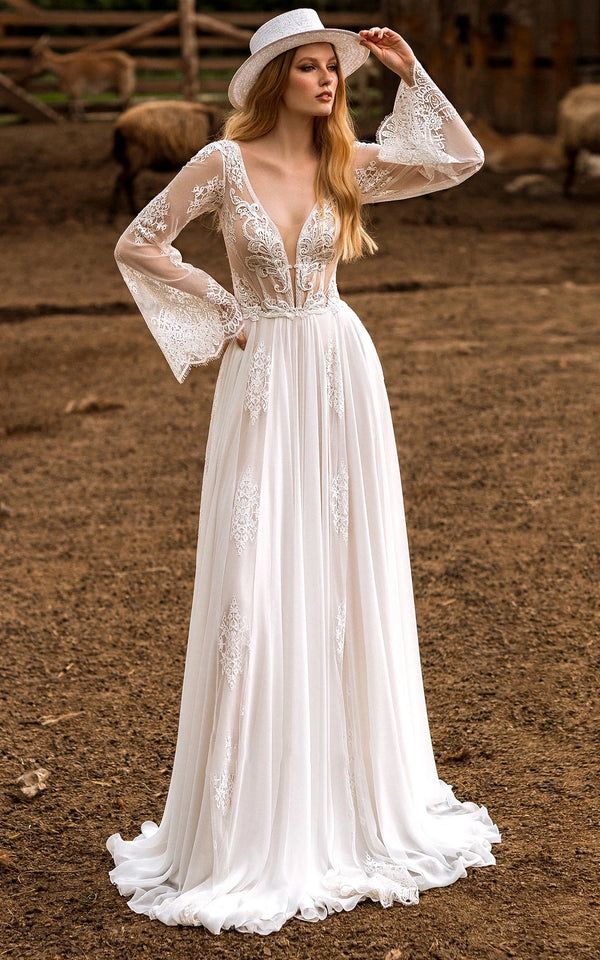 Luolandi A-Line Boho Lace Wedding Dress with Sleeves Plunging Neckline Sweep Train Floor Length