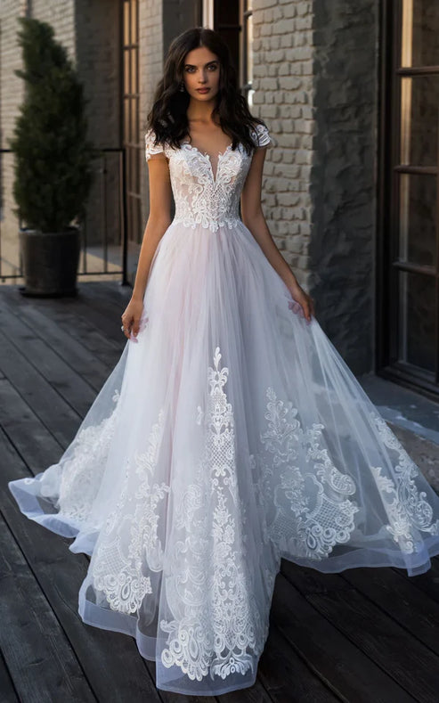 Luolandi Ethereal Lace and Tulle V-neck A Line Chapel Train Wedding Dress with Appliques Beautiful