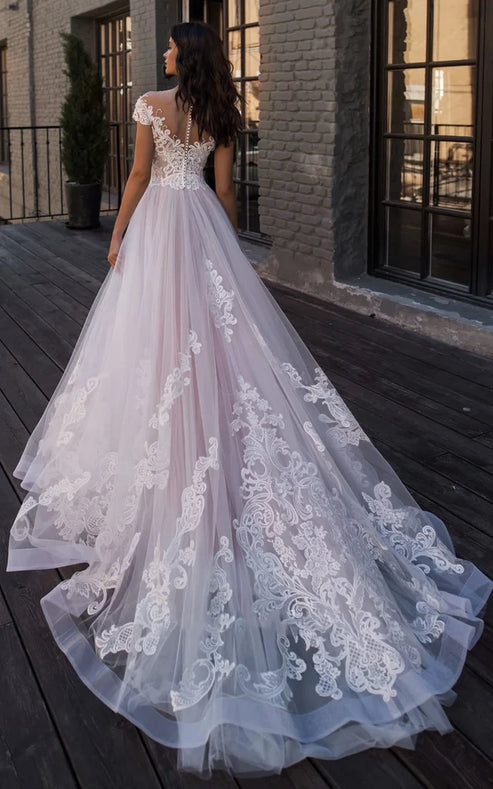 Luolandi Ethereal Lace and Tulle V-neck A Line Chapel Train Wedding Dress with Appliques Beautiful