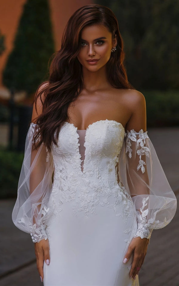 Luolandi Ethereal Mermaid Plunging Neck Chiffon Tulle Wedding Dress with Appliques Off Shoulder Beautiful