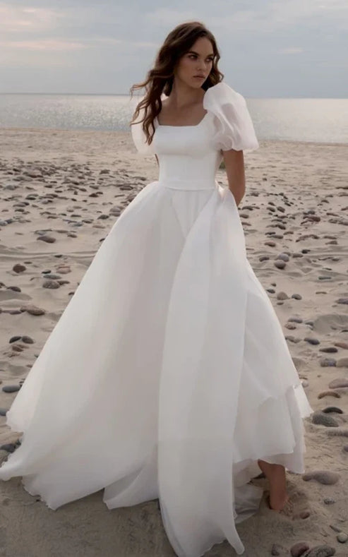 Luolandi Ethereal Scoop A Line Chiffon Court Train Wedding Dress with Ruching Elegant