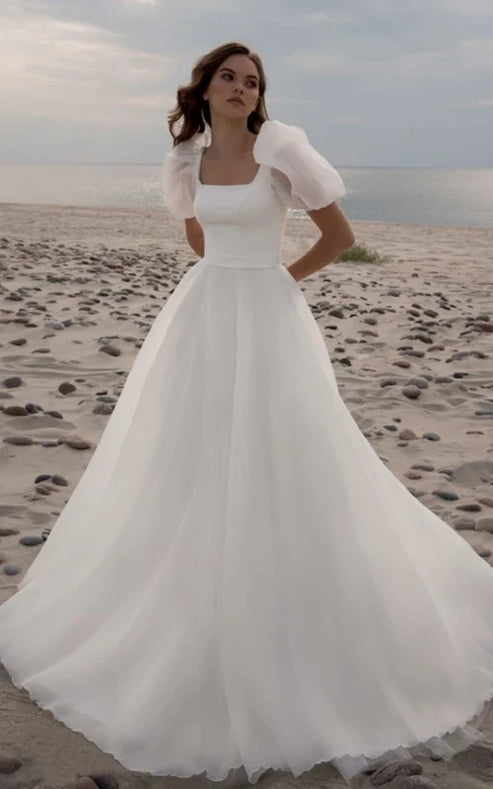 Luolandi Ethereal Scoop A Line Chiffon Court Train Wedding Dress with Ruching Elegant