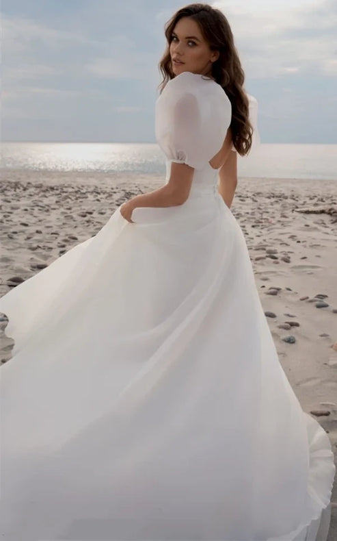 Luolandi Ethereal Scoop A Line Chiffon Court Train Wedding Dress with Ruching Elegant