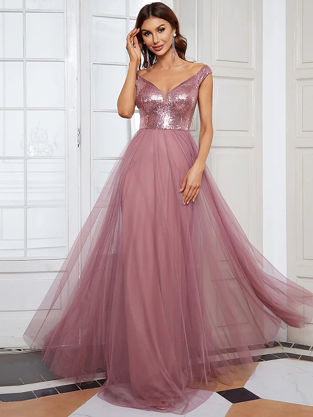 Luolandi Bridesmaid Dress V Neck Sleeveless Elegant Floor Length Tulle / Sequined with Draping / Tier