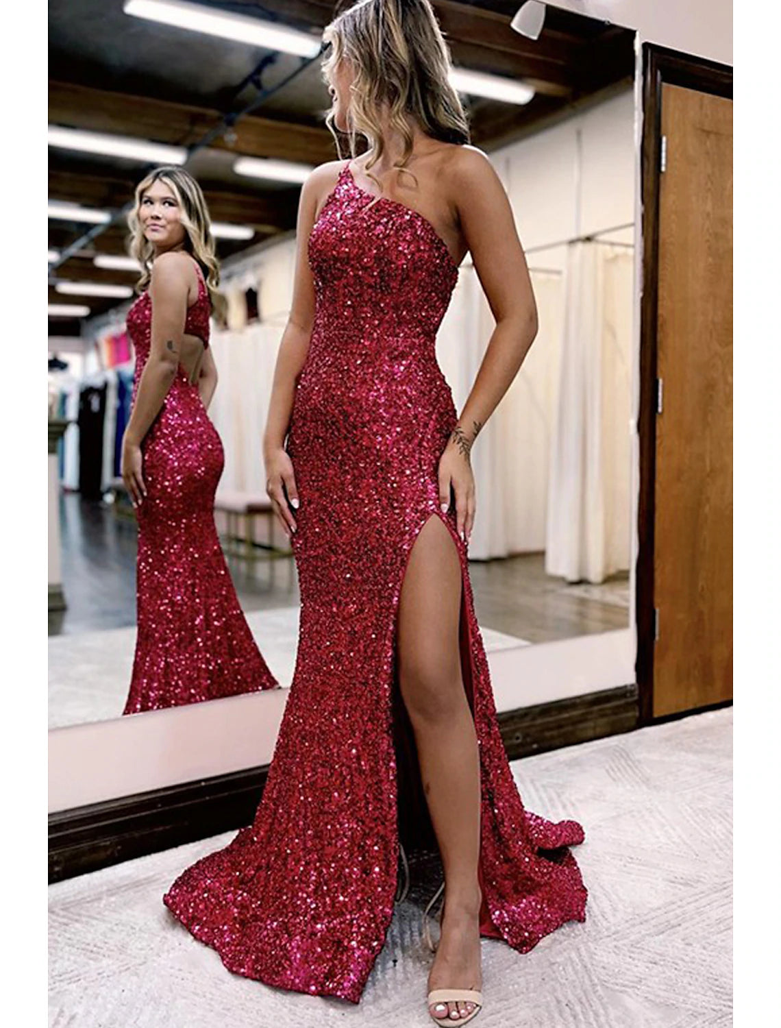 Luolandi Mermaid / Trumpet Prom Dresses Sparkle & Shine Dress Formal Wedding Party Court Train Sleeveless One Shoulder Sequined