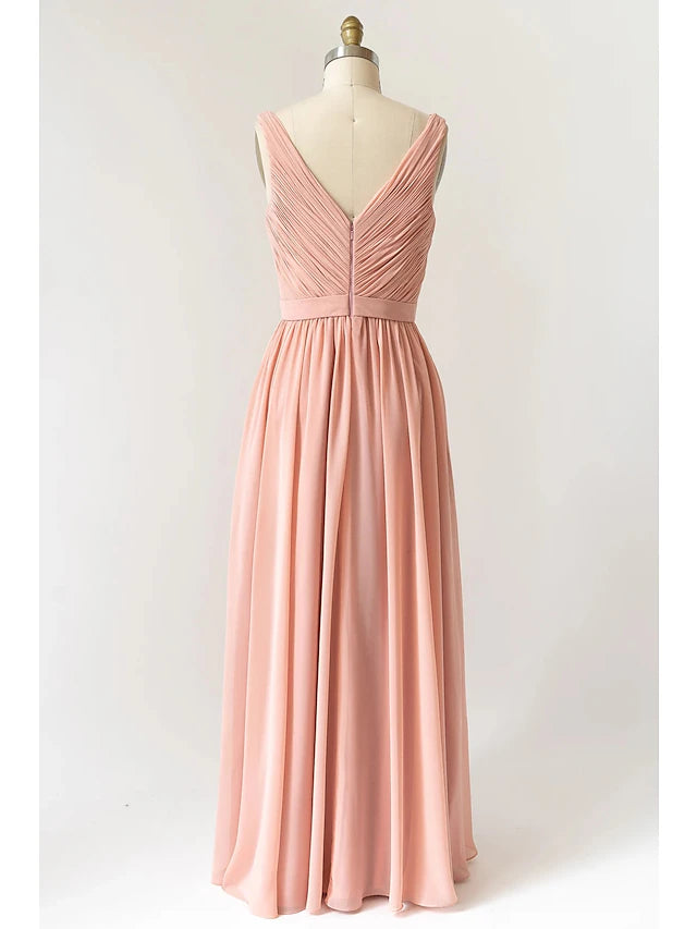 Luolandi A-Line Bridesmaid Dress V Neck Sleeveless Open Back Floor Length Chiffon with Pleats Pure Color