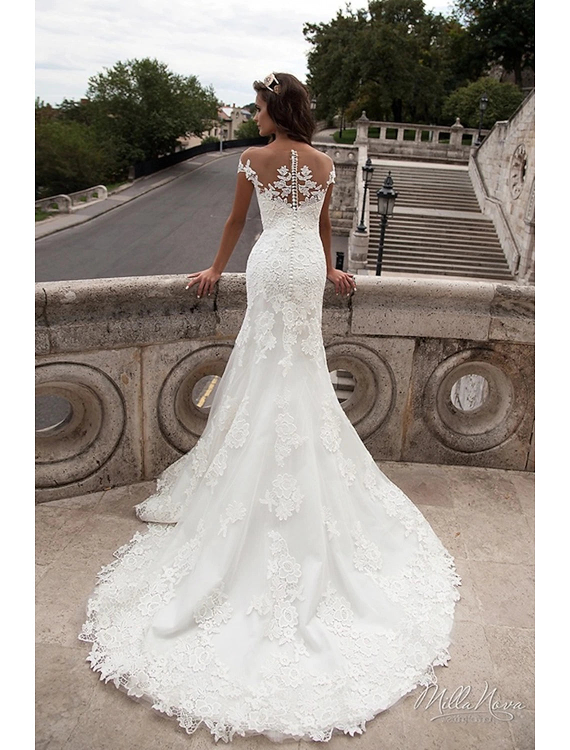 Luolandi Engagement Open Back Formal Wedding Dresses Mermaid / Trumpet Off Shoulder Cap Sleeve Court Train Lace Bridal Gowns