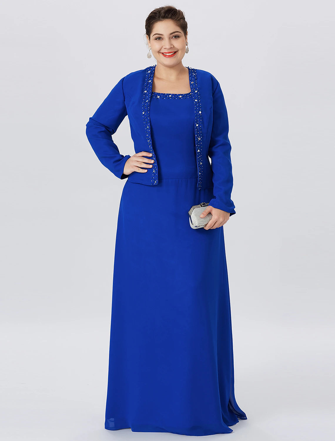 Luolandi A-Line Mother of the Bride Dress Formal Classic & Timeless Elegant & Luxurious Plus Size Straps Floor Length Chiffon Lace Long Sleeve Wrap Included with Pearls