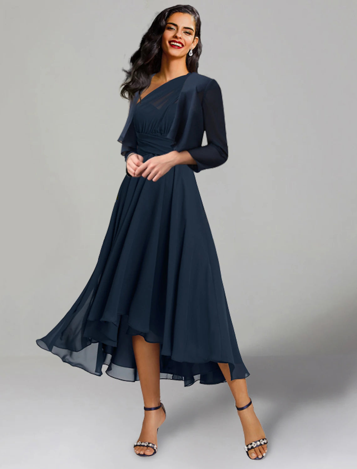 Luolandi Two Piece A-Line Wedding Guest Dresses Elegant Dress Cocktail Party Tea Length 3/4 Length Sleeve V Neck Convertible Chiffon
