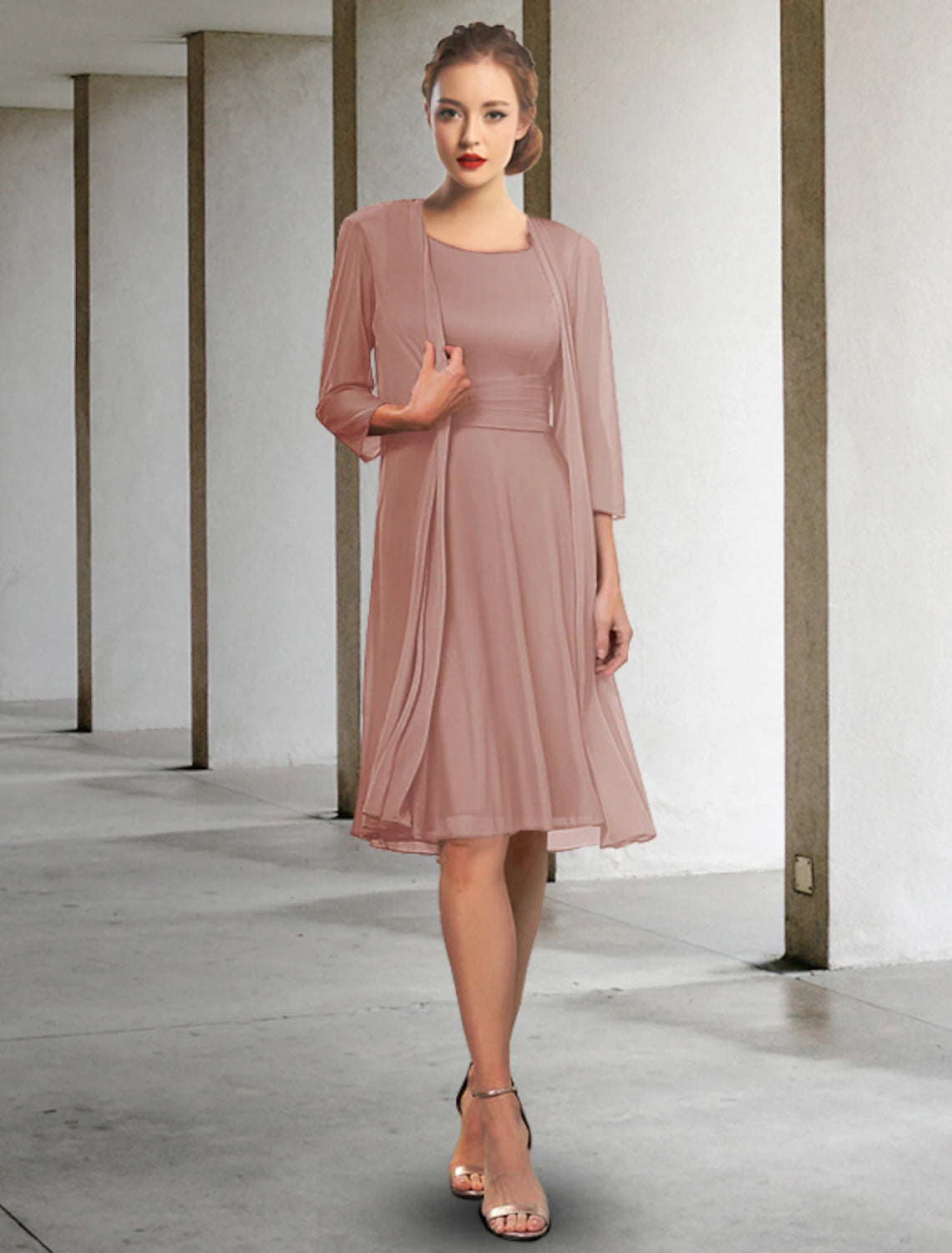 Luolandi Two Piece A-Line Mother of the Bride Dress Elegant Jewel Neck Knee Length Chiffon Sleeveless