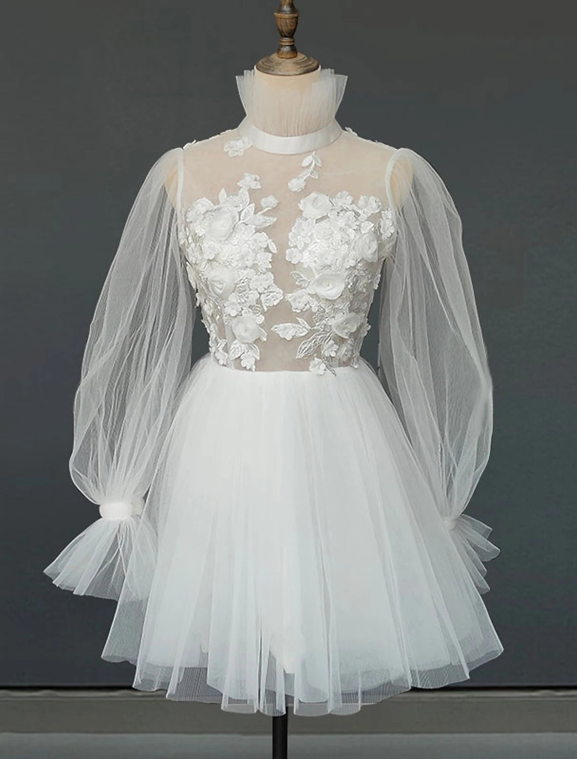 Luolandi Reception Open Back Little Dresses Wedding Dresses A-Line High Neck Long Sleeve Short / Mini Satin Bridal Gowns With Pleats