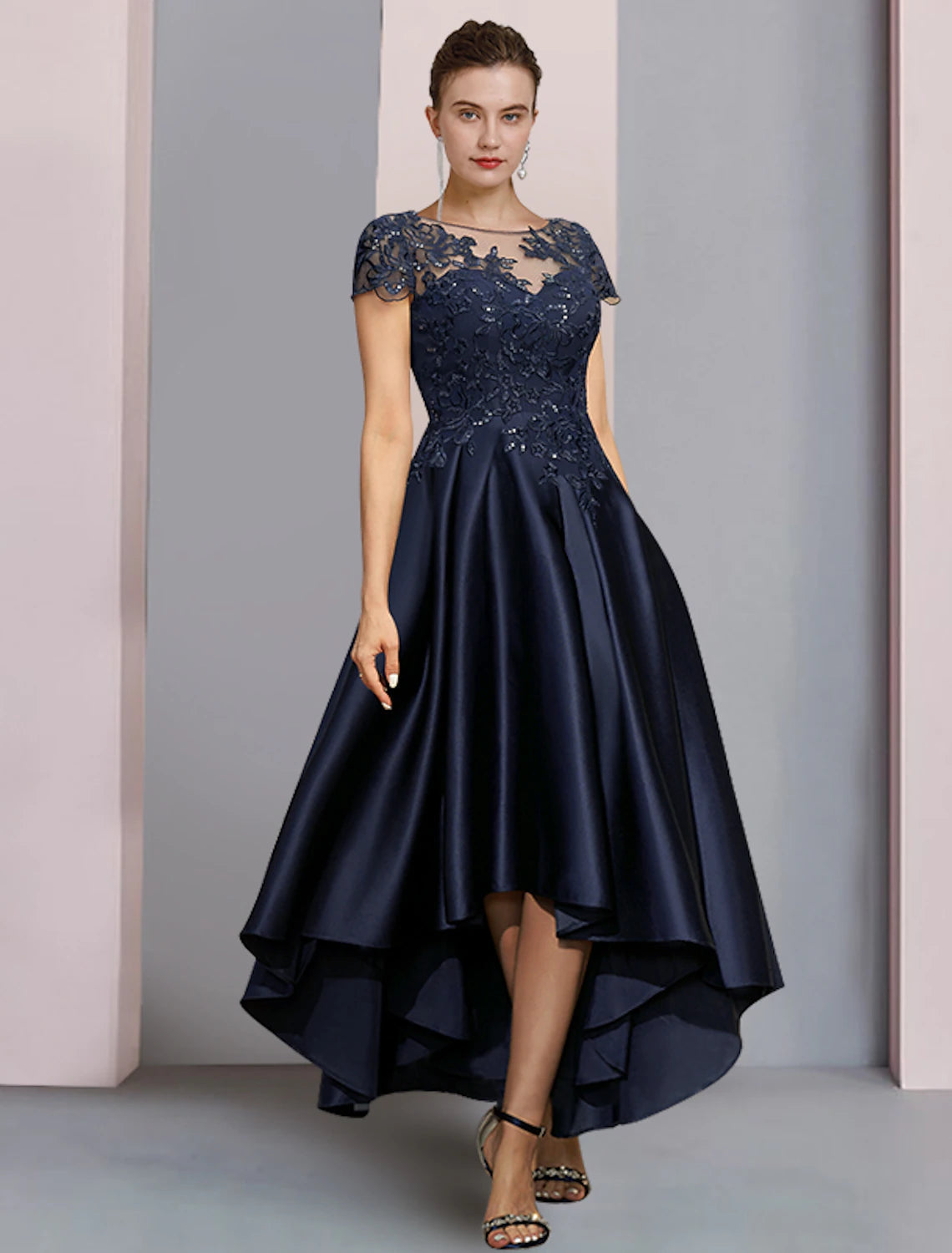 Luolandi A-Line Mother of the Bride Dress Formal Wedding Guest Party Elegant High Low Scoop Neck Asymmetrical Tea Length Satin Lace Half Sleeve with Sequin