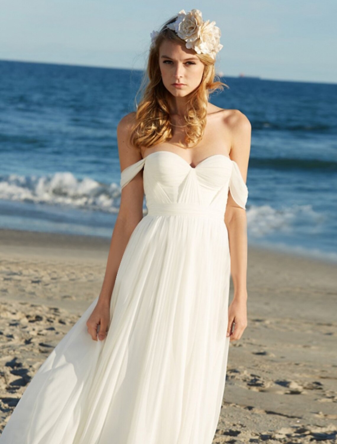 Luolandi Beach Sexy Boho Wedding Dresses A-Line Off Shoulder Cap Sleeve Floor Length Chiffon Bridal Gowns With Pleats