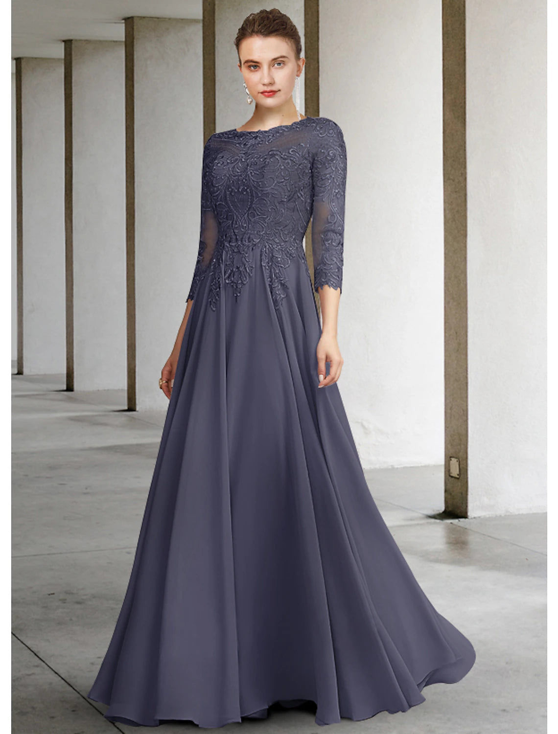 Luolandi A-Line Mother of the Bride Dress Elegant Jewel Neck Floor Length Chiffon Lace 3/4 Length Sleeve with Pleats
