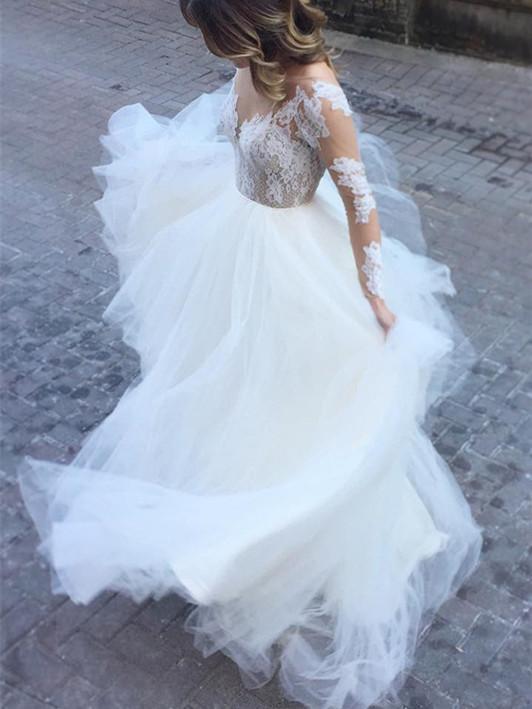 Luolandi Excellent Tulle Bateau Neckline Long Sleeves Ball Gown Wedding Dresses Elegant