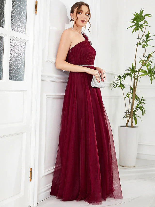 Luolandi A-Line Prom Dresses Vintage Dress Wedding Party Floor Length Sleeveless One Shoulder Tulle