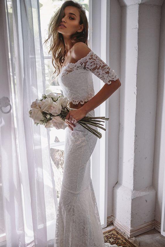 Luolandi Eye-catching Lace 2 Pieces Mermaid Wedding Dresses With Sweep Train Off Shoulder Elegant