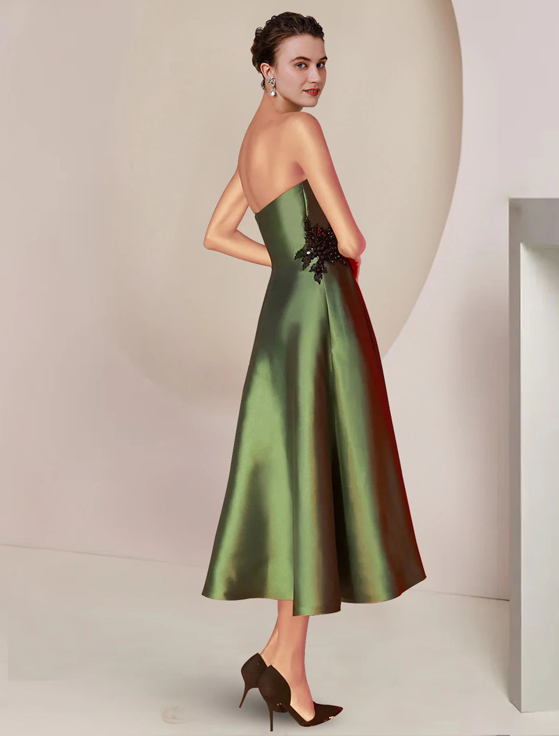 Luolandi Two Piece A-Line Mother of the Bride Dress Formal Wedding Guest Party Elegant Strapless Tea Length Charmeuse Sequined Sleeveless Shawls with Beading