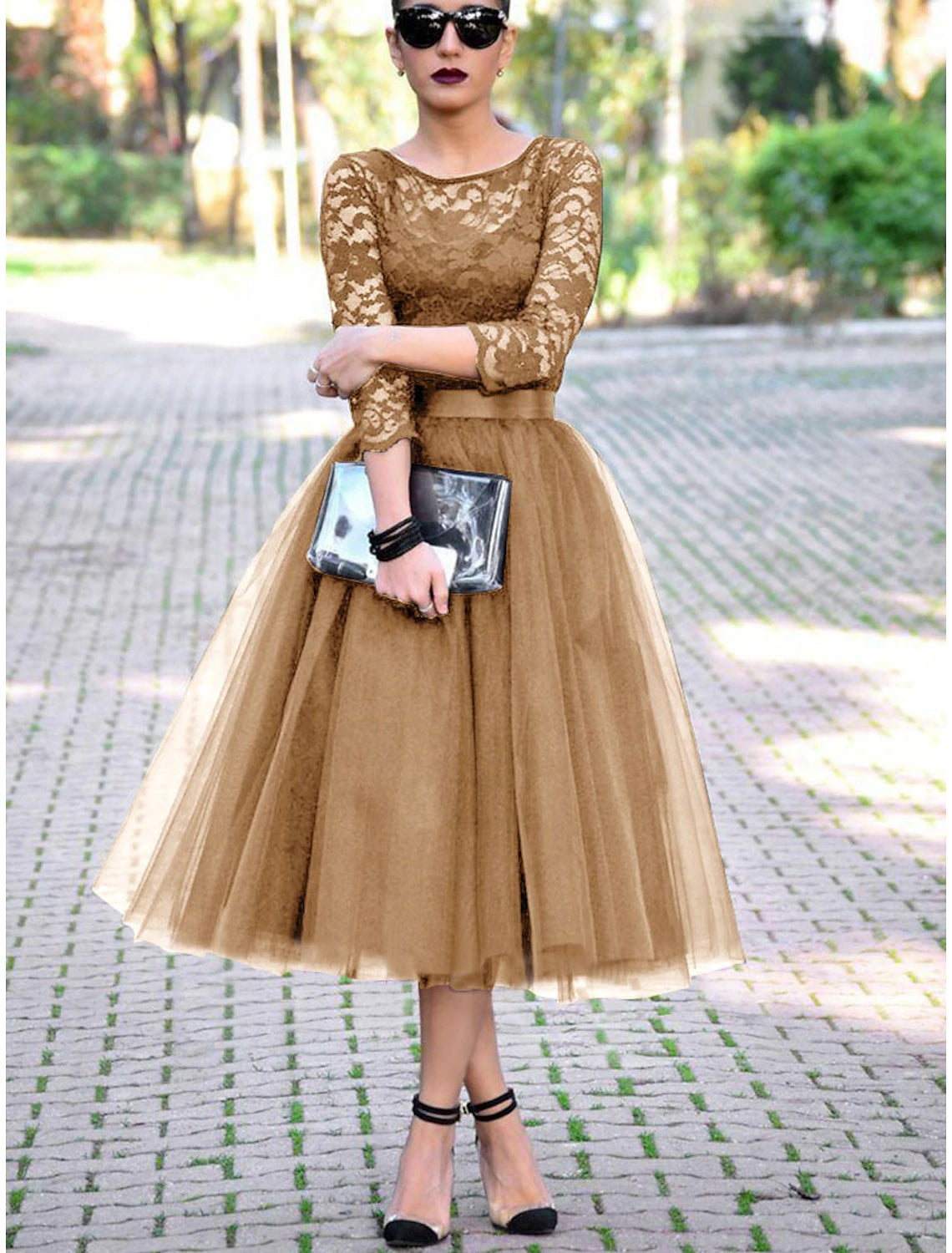 Luolandi A-Line Cocktail Black Dress Vintage Dress Halloween Ankle Length 3/4 Length Sleeve Jewel Neck Fall Wedding Guest Tulle with Pleats Lace