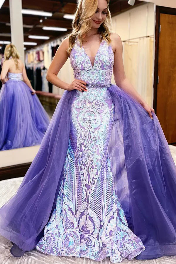 Luolandi Charming Mermaid Halter Lavender Sequin Lace Long Prom Dresses with Train Elegant